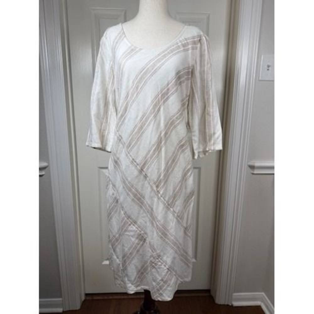 Soft Surroundings Linen Blend Striped Shift Dress XS Neutral Beige